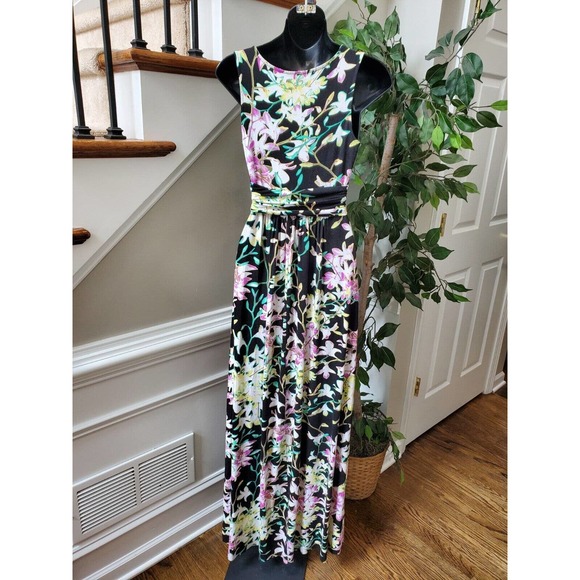 Jennifer Lopez Women's Black Floral Rayon V-Neck Sleeveless Long Maxi Dress XS - Picture 6 of 10